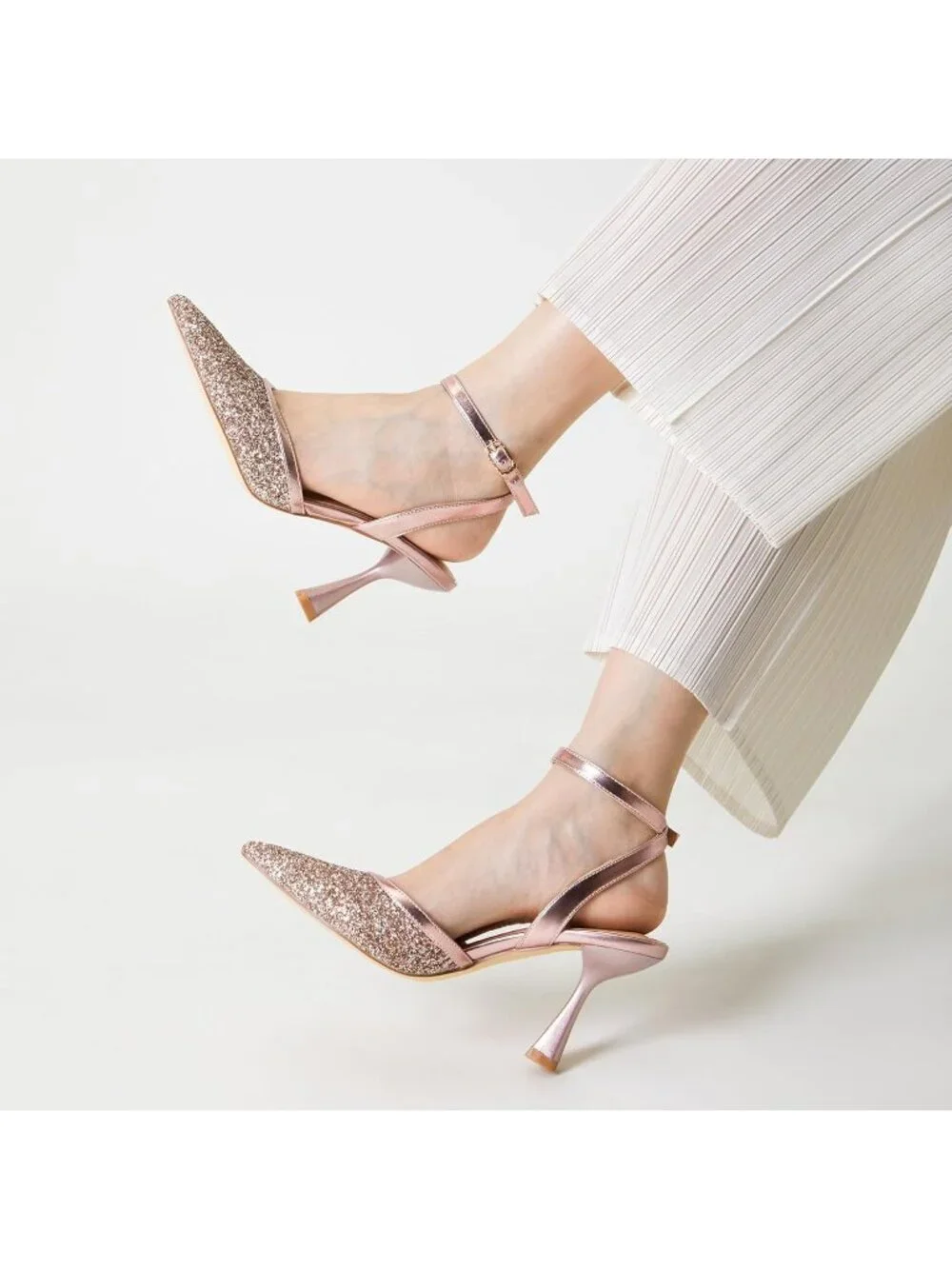 Women's Rose Gold Slingback Pointed Toe Stiletto Heels Ankle Strap Dress Shoes